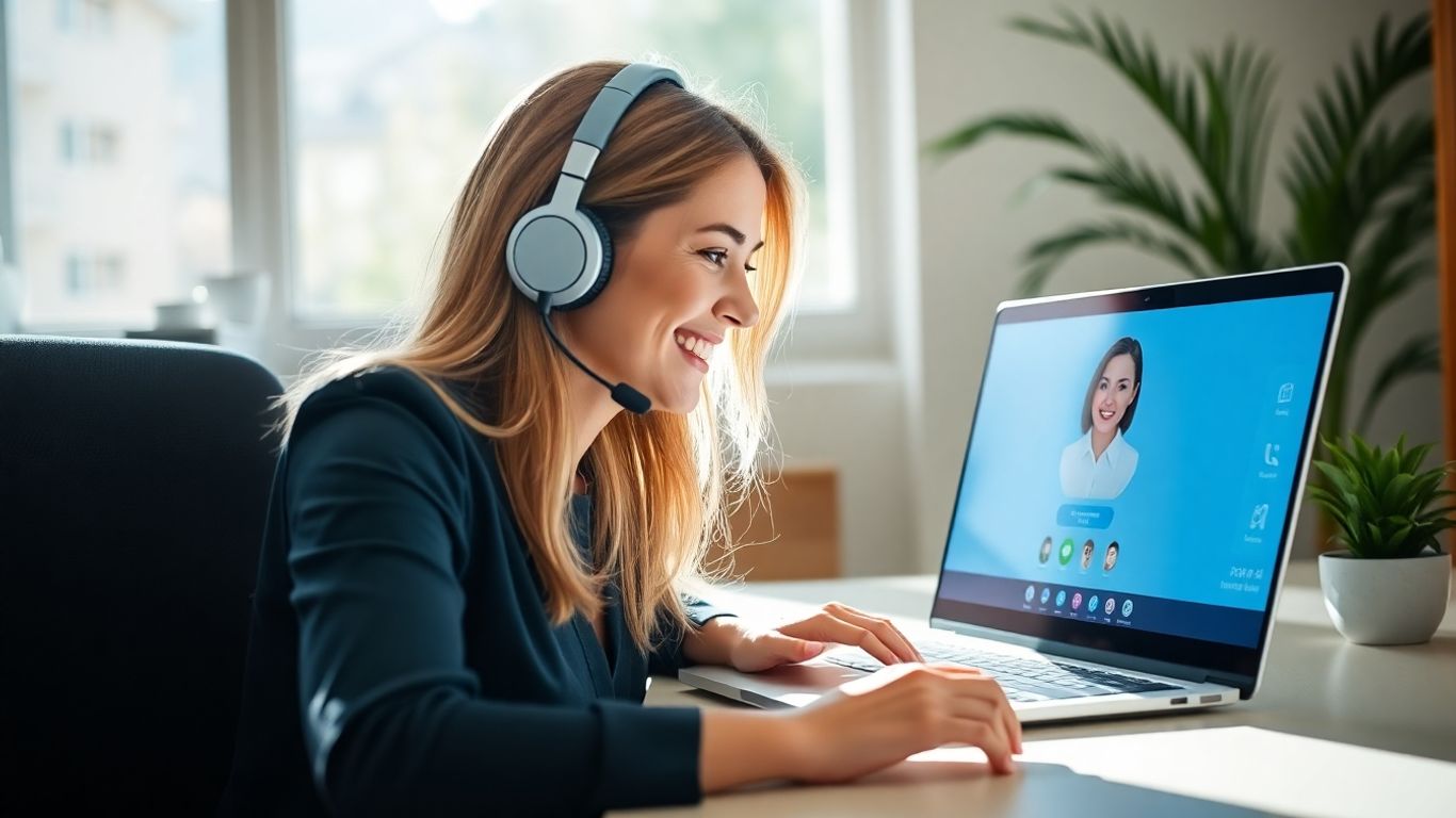 Virtual receptionist working from home with headset and laptop.