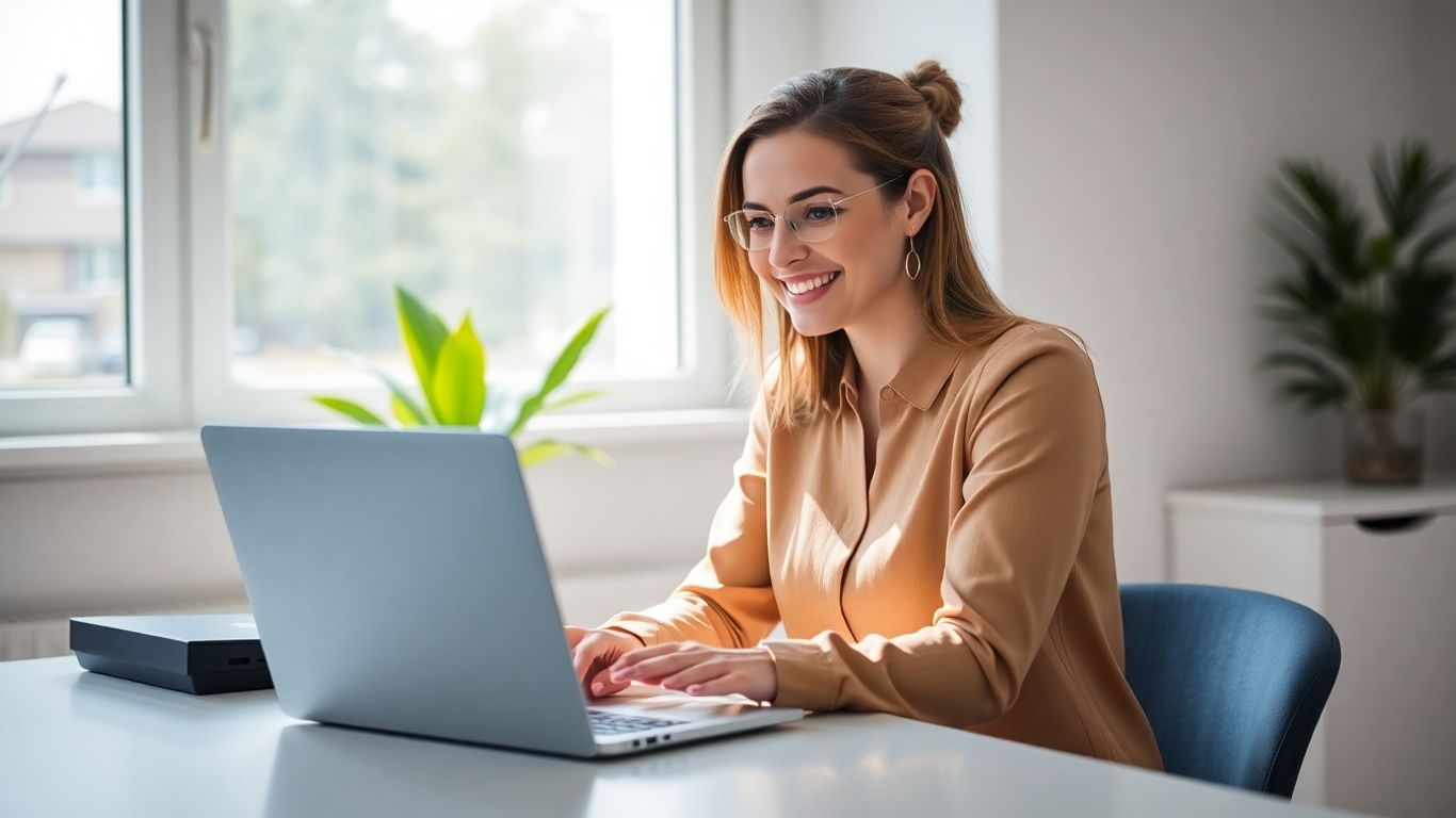 Woman working remotely on a laptop in a bright home office.