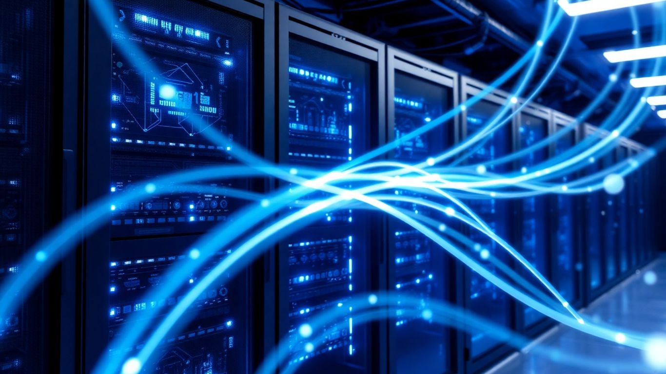 Advanced server room with glowing blue lights and digital patterns.