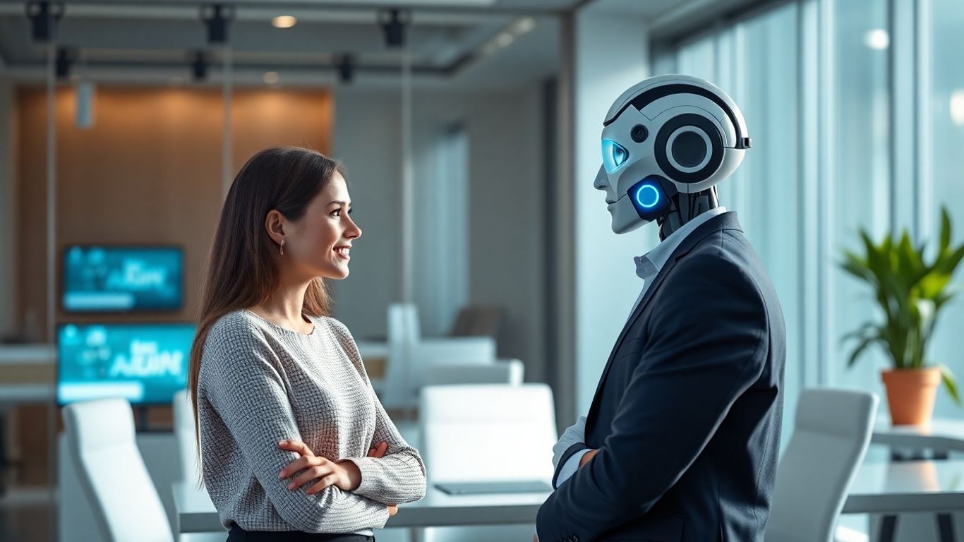AI receptionist assisting a client in a modern office.
