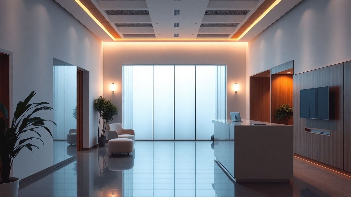 Modern reception area with a sleek desk.