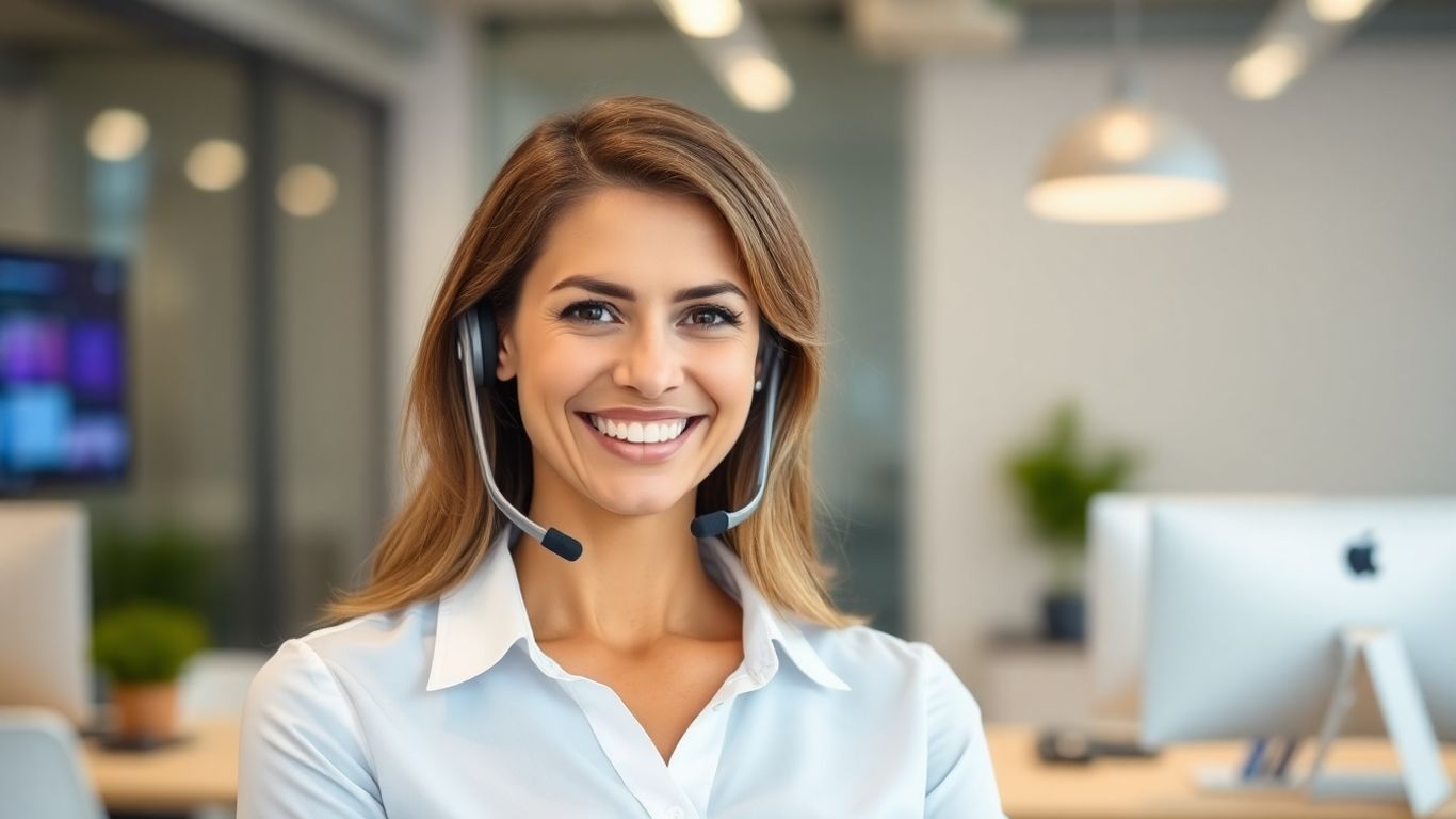 Professional woman with headset, friendly office background.