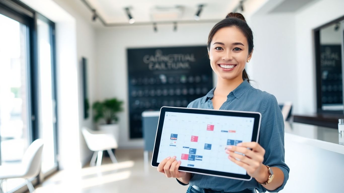 Salon receptionist with tablet and appointment calendar.