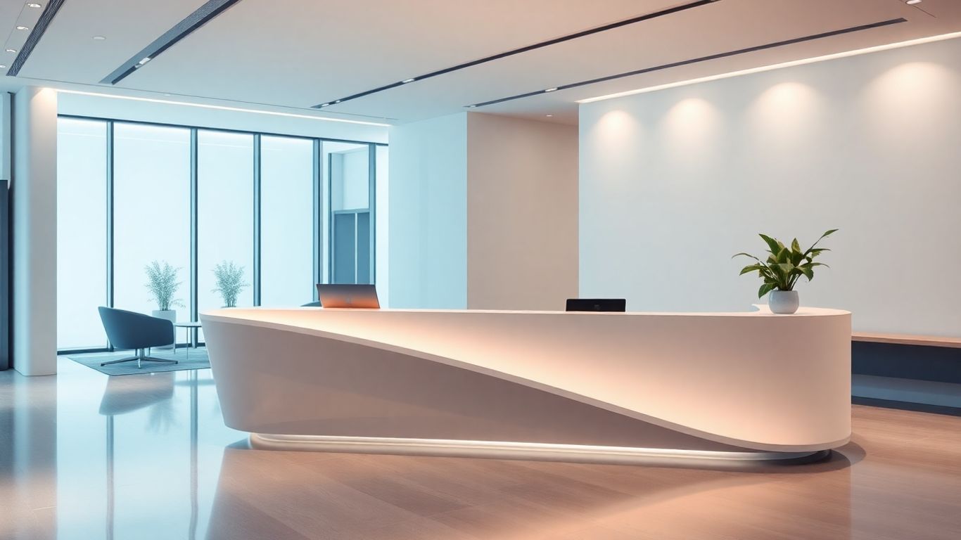 AI receptionist interface in a modern office reception area.