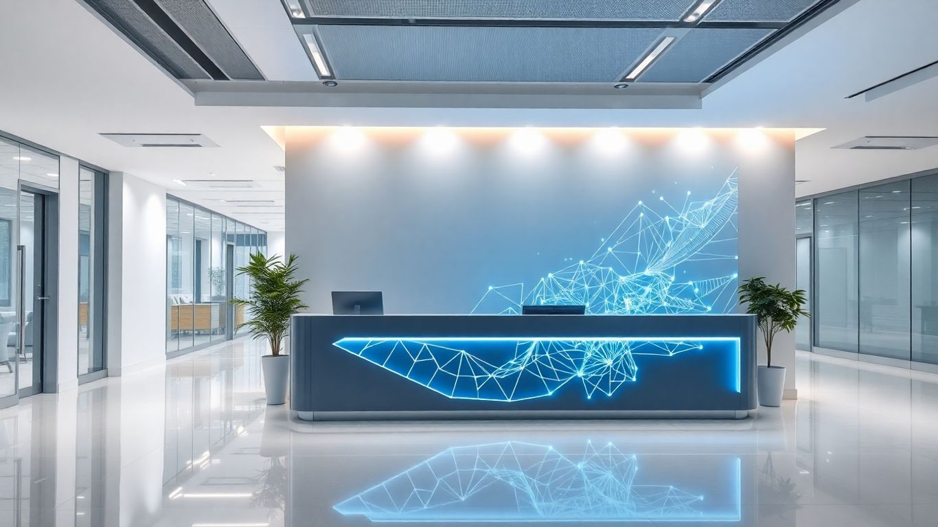 AI receptionist interface in a modern office