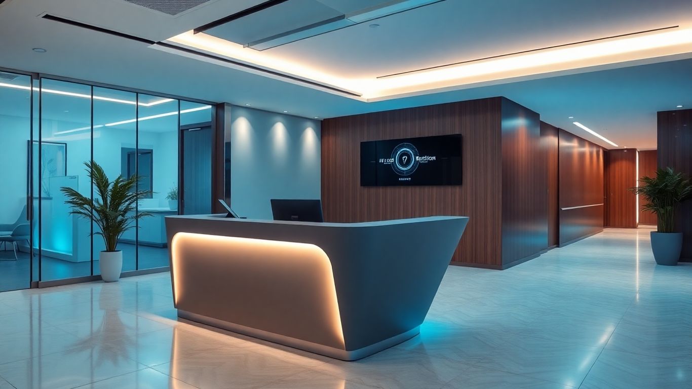 AI receptionist interface in a modern office setting.