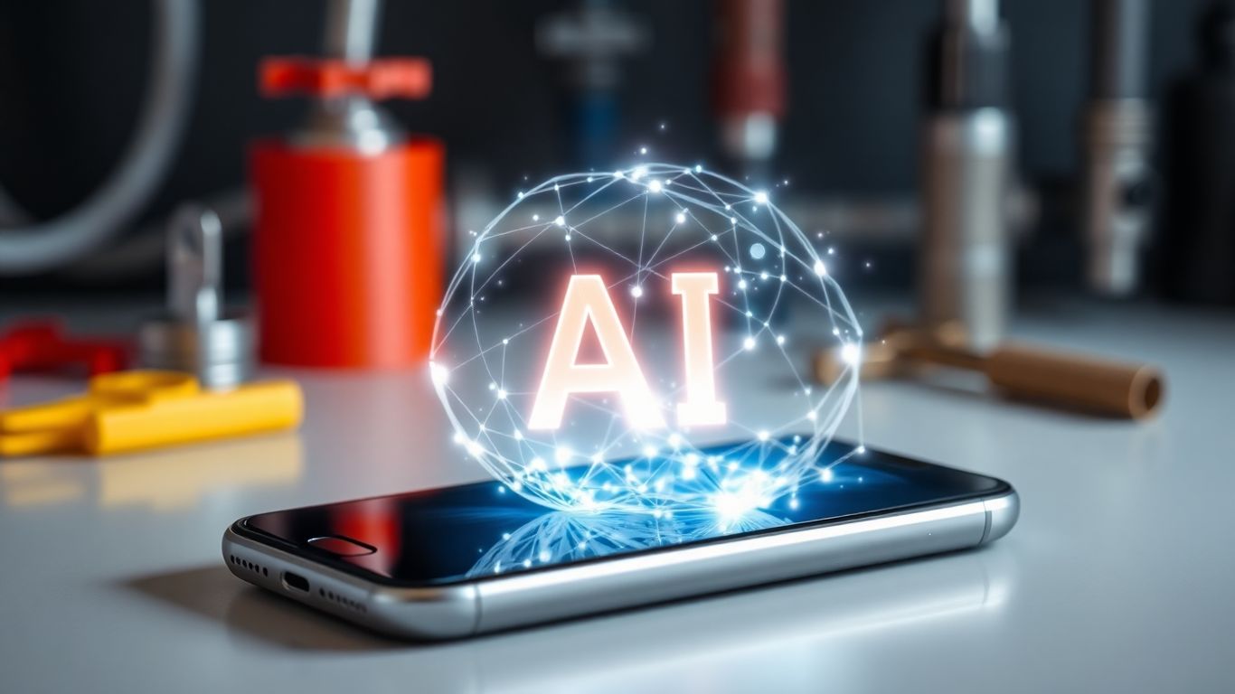 Smartphone with AI glowing, plumbing tools blurred background