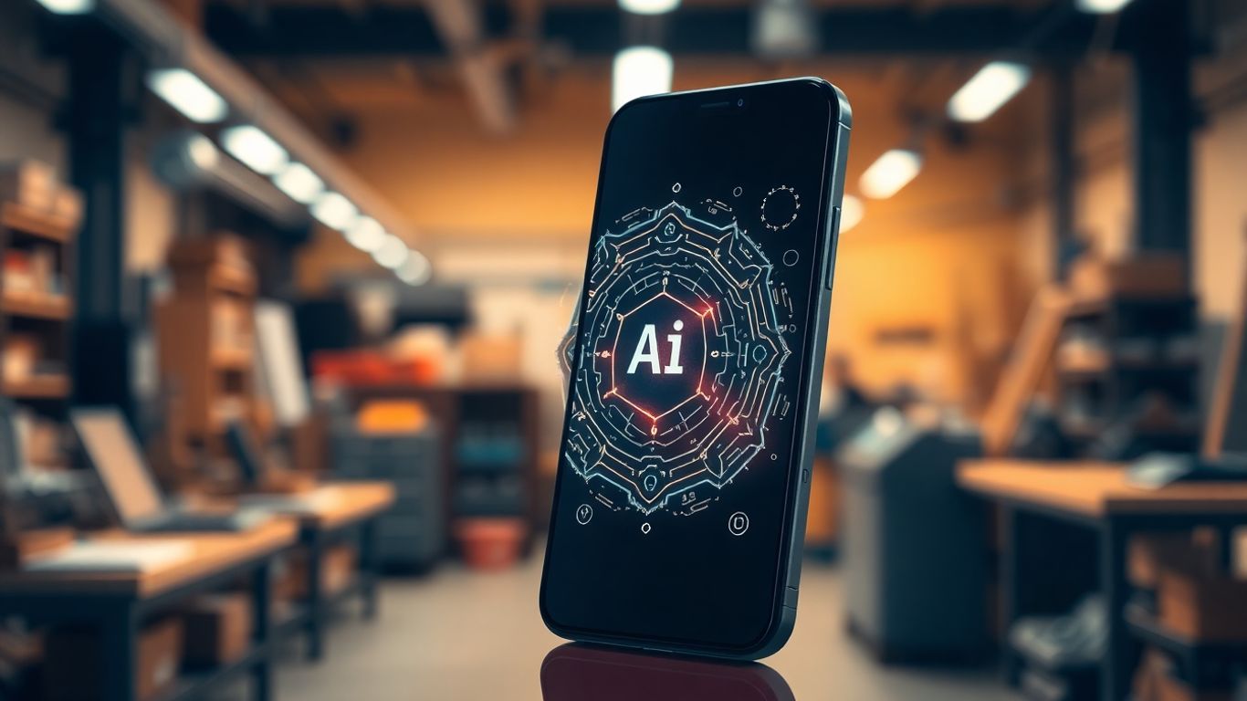Smartphone with AI interface in a business setting.