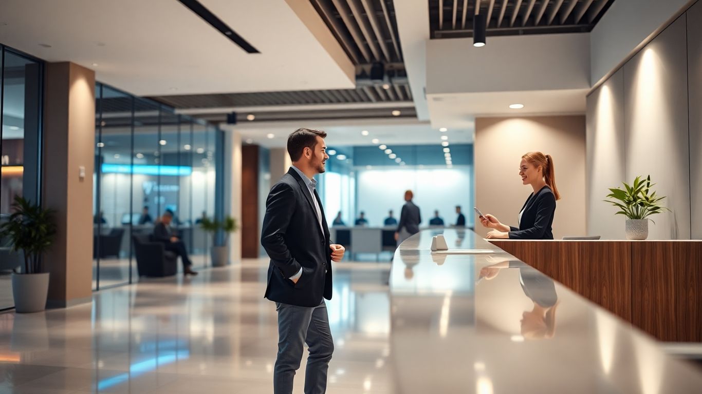 Receptionist assisting visitor in modern office