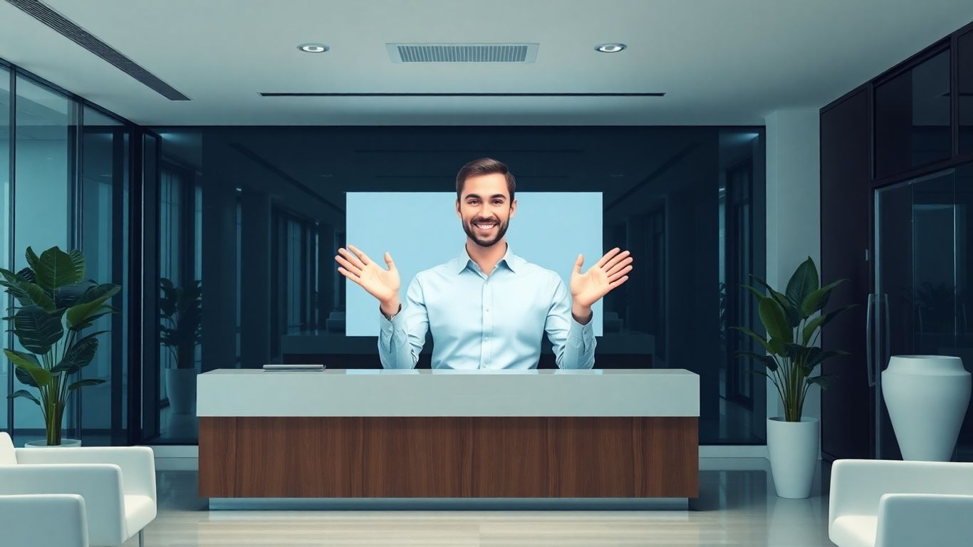 AI receptionist avatar on a modern office screen.