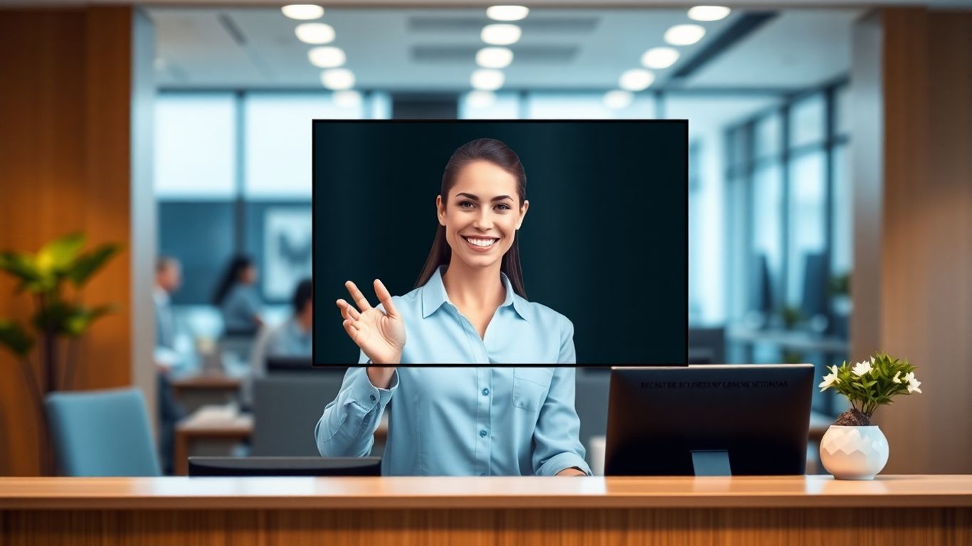 AI receptionist avatar on screen in modern office.