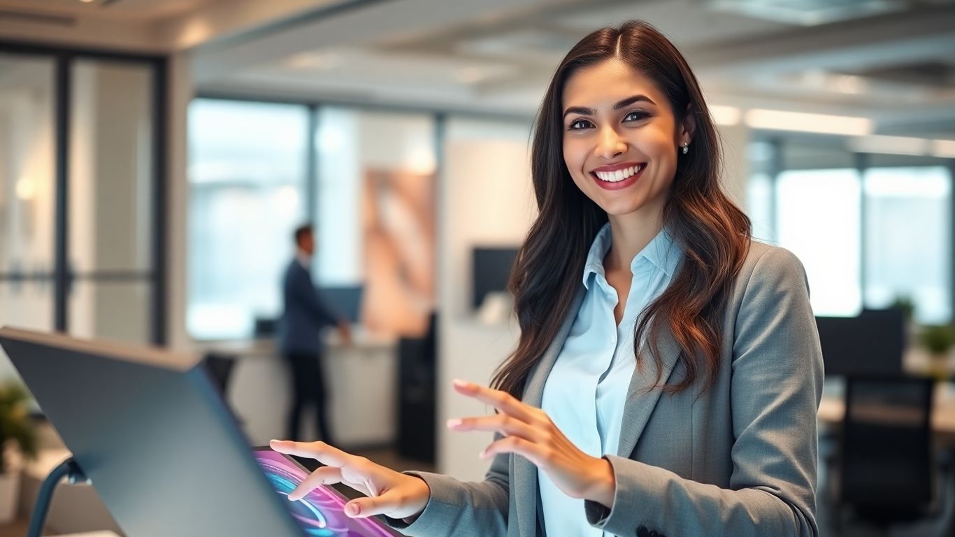 Person using advanced AI receptionist technology in an office.