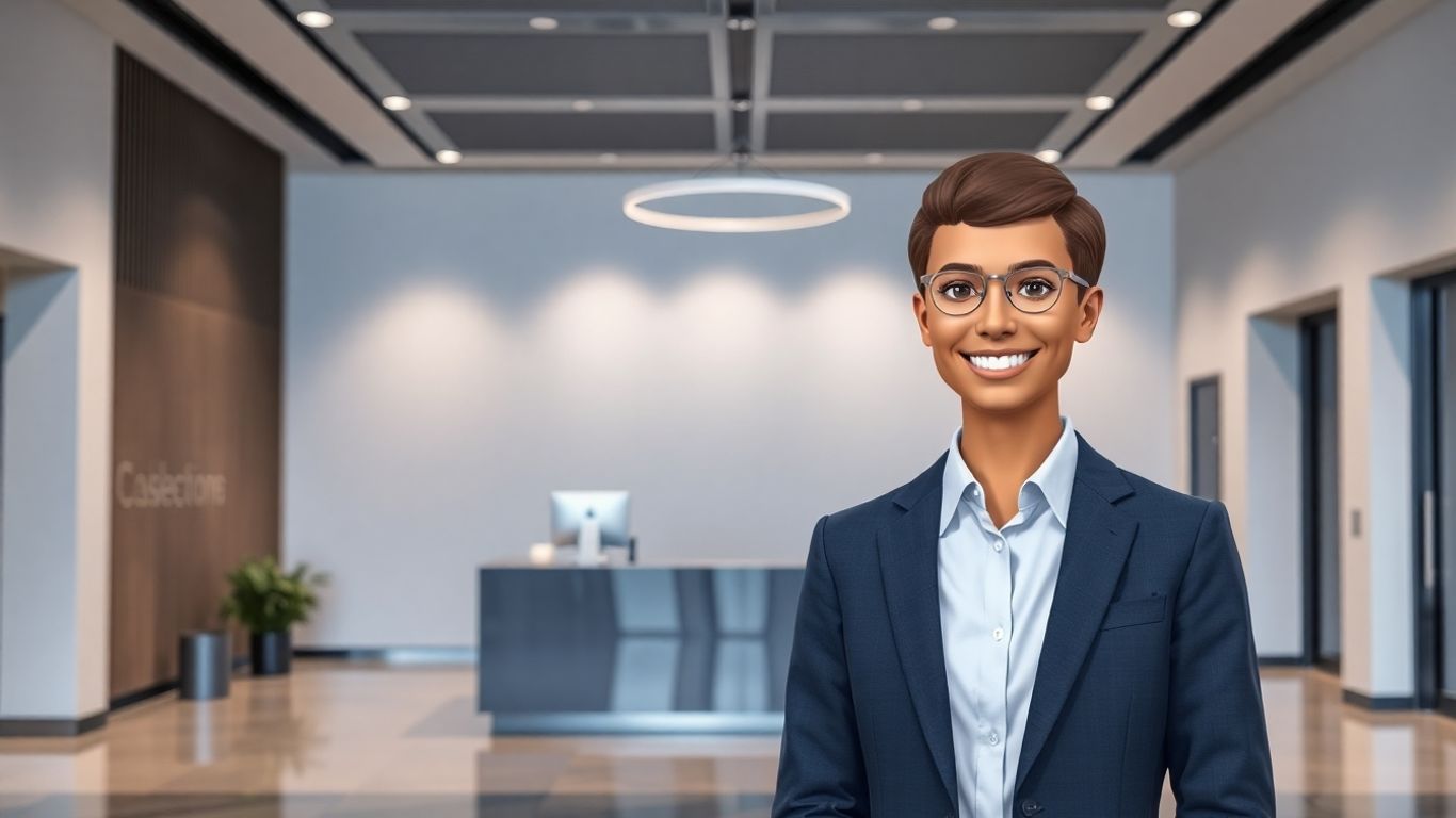 AI receptionist avatar smiling in a modern office.