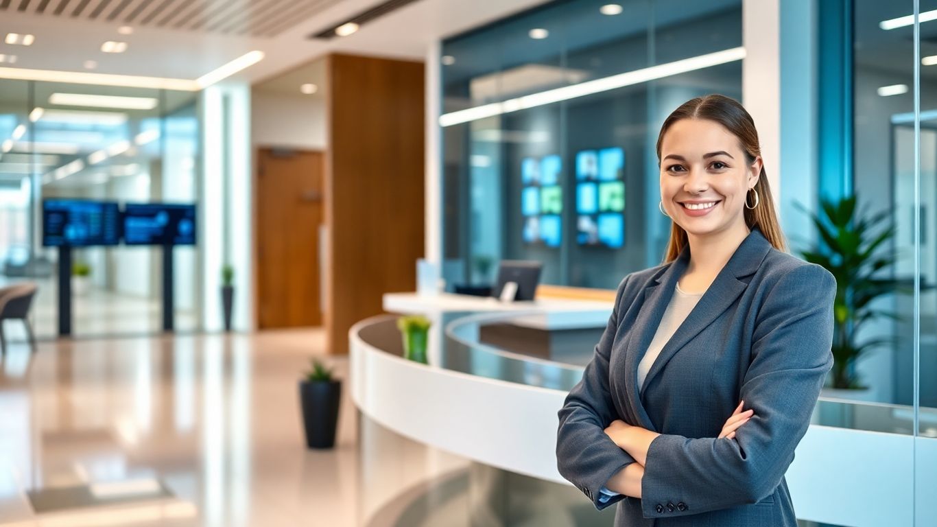 Professional receptionist in a modern office setting.