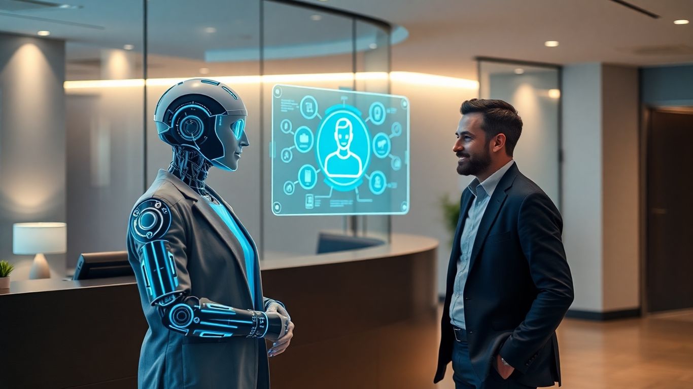 AI receptionist interacting with a visitor in a modern office.