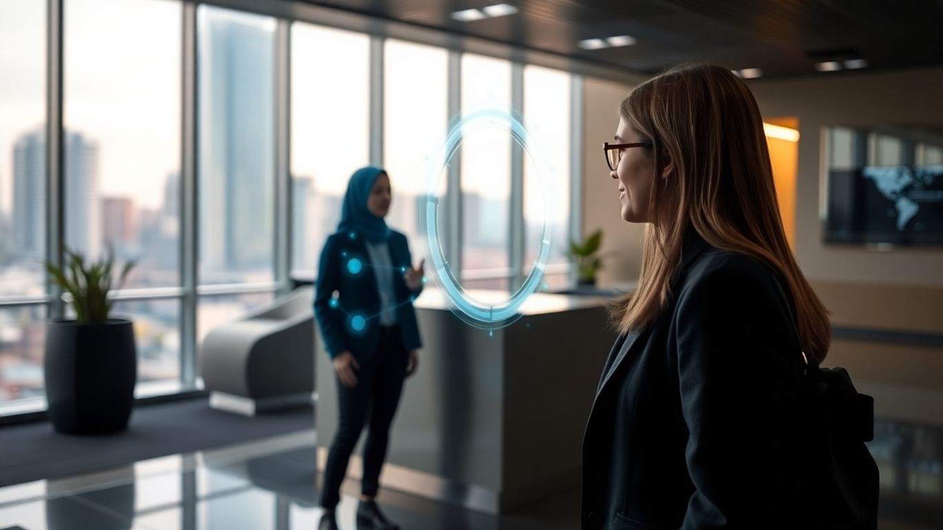 AI assistant in a modern office reception.