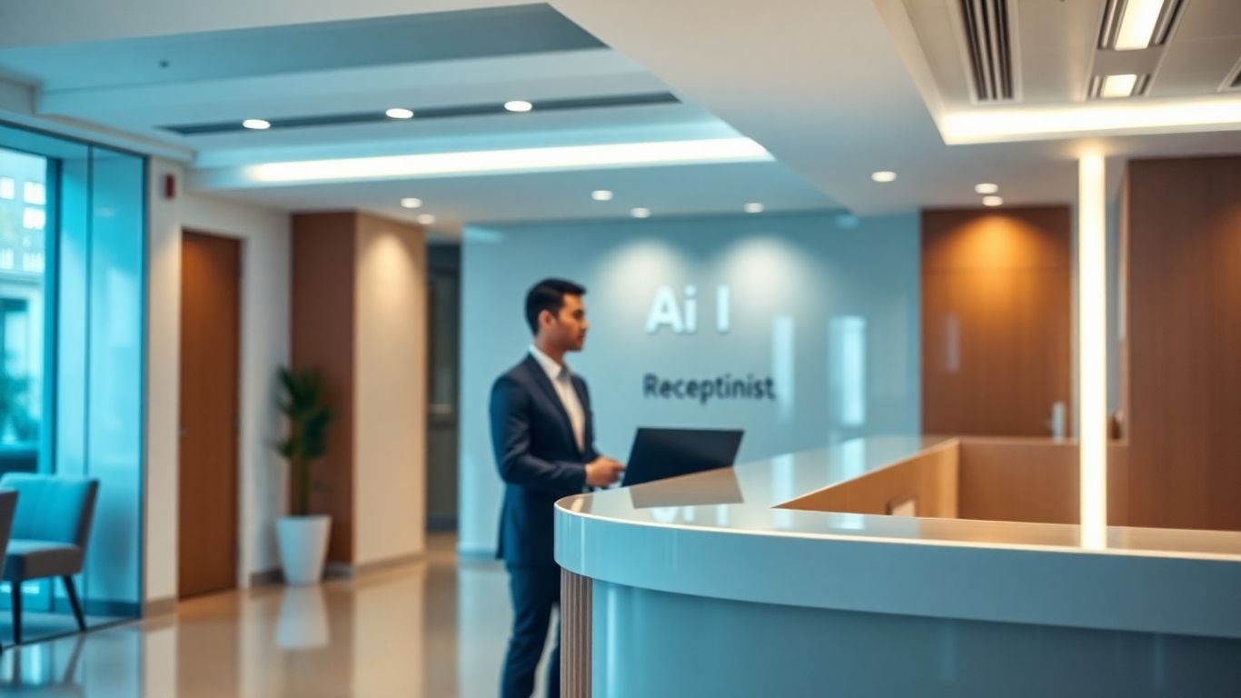 AI receptionist interface in a modern office.