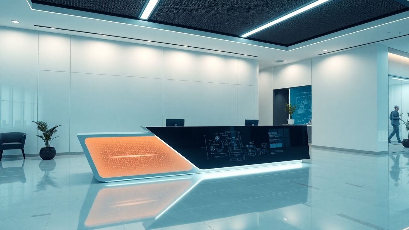 Futuristic office reception desk with glowing digital interface.
