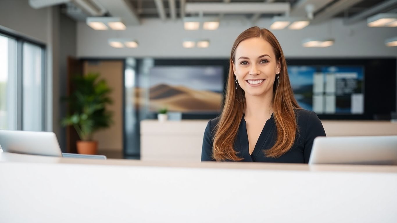 Professional receptionist assisting a client in a modern office.