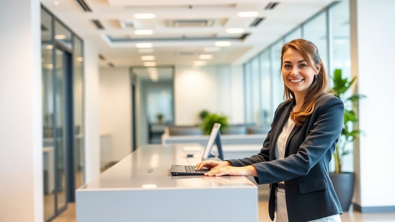 Smiling receptionist at a modern desk