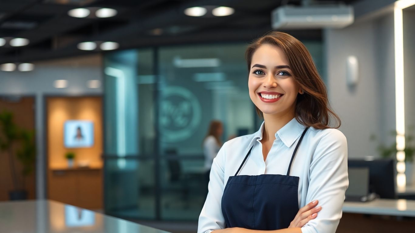 AI receptionist smiling in a modern office environment.