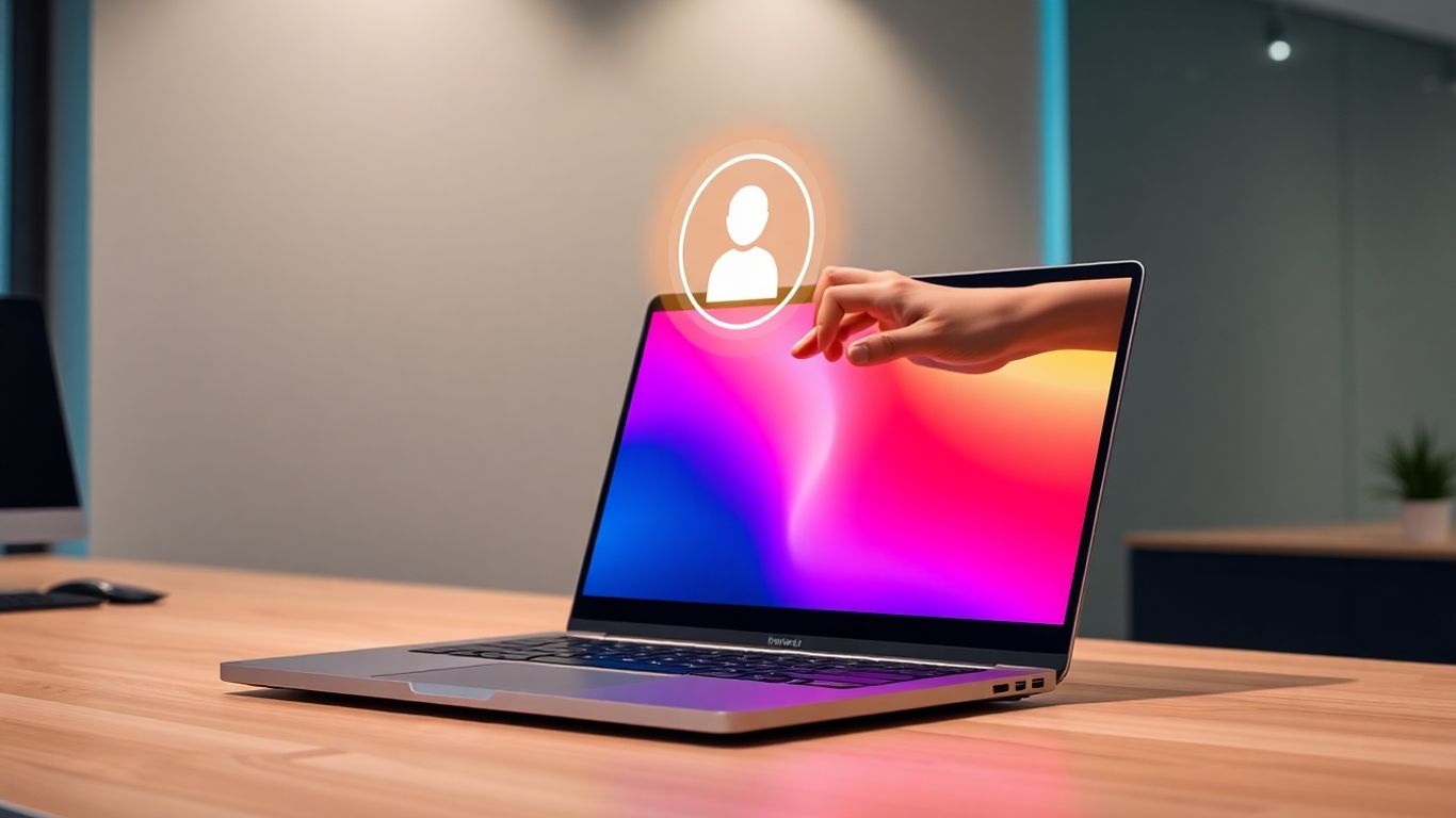 Laptop with AI assistant interface and glowing icon.