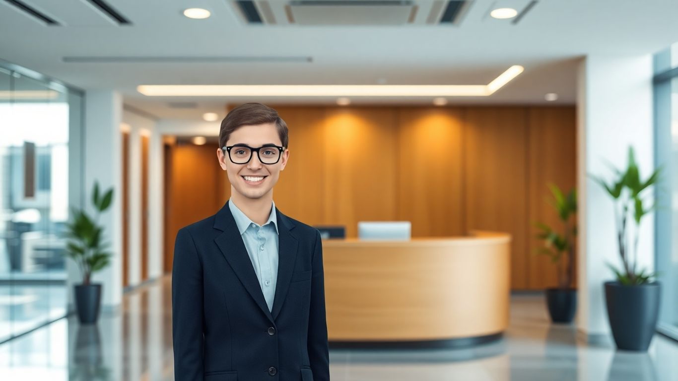 AI receptionist avatar in a modern office setting.