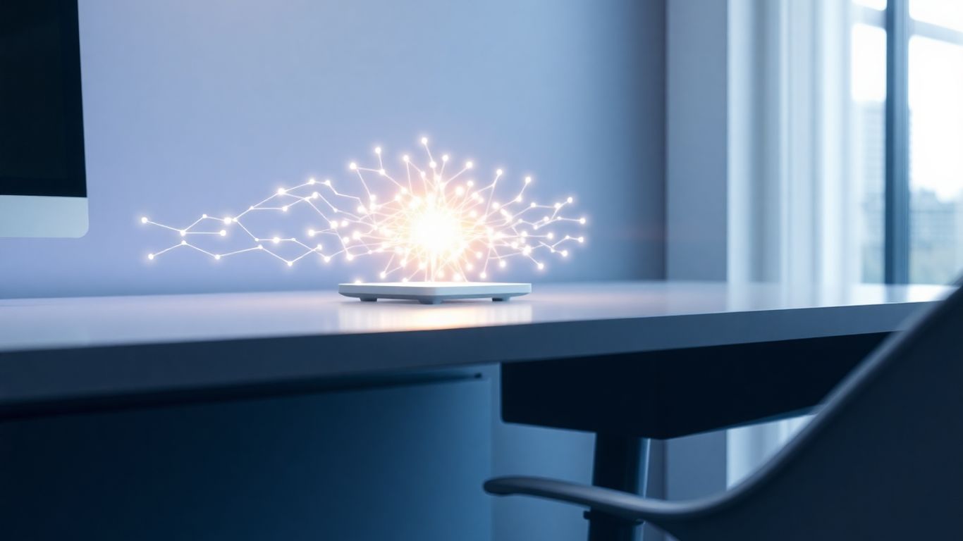 Abstract neural network glowing on a modern desk.