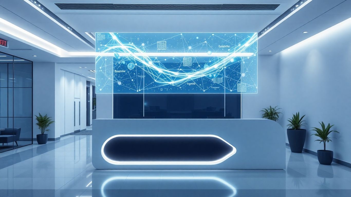 Futuristic reception desk with holographic interface