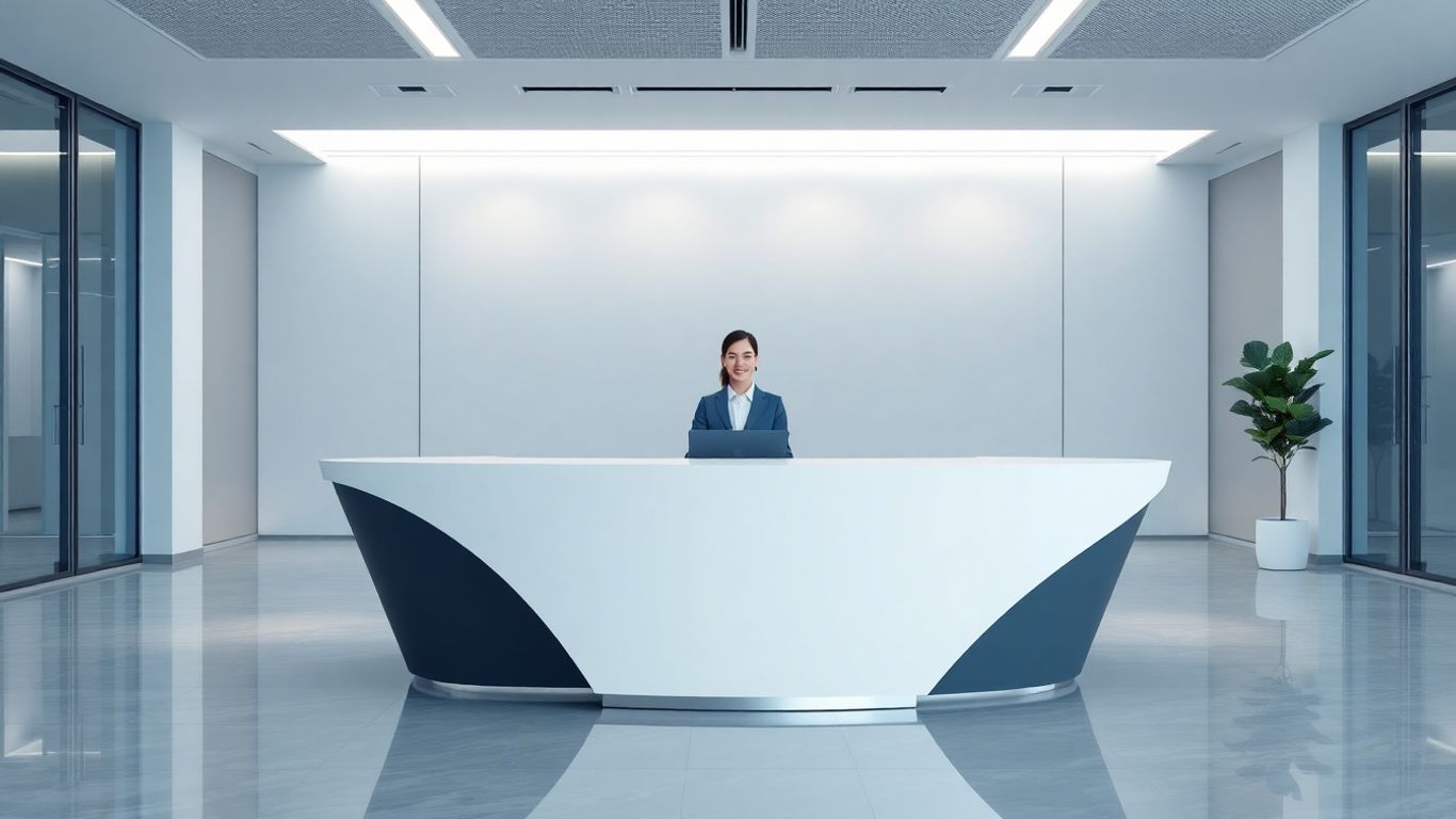 Modern reception desk with integrated virtual receptionist avatar.