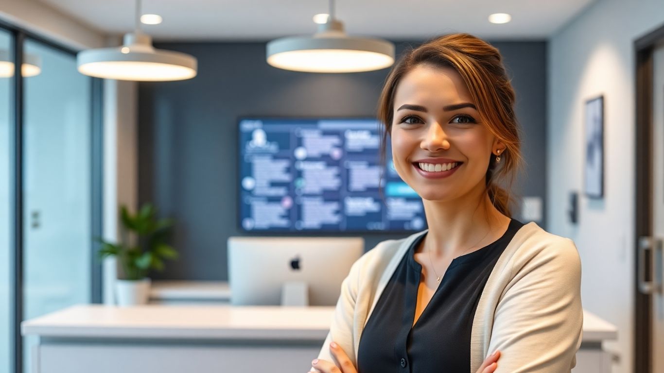 Dental office reception with AI technology assisting calls.