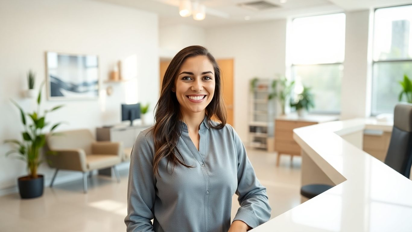 Dental office reception with smiling staff