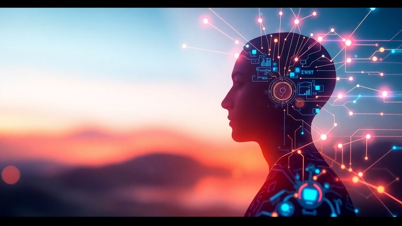 AI interface with data streams and human silhouette