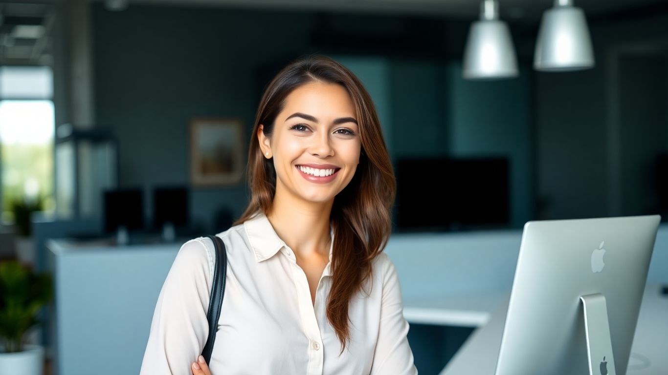 Professional woman smiling, ready to assist.