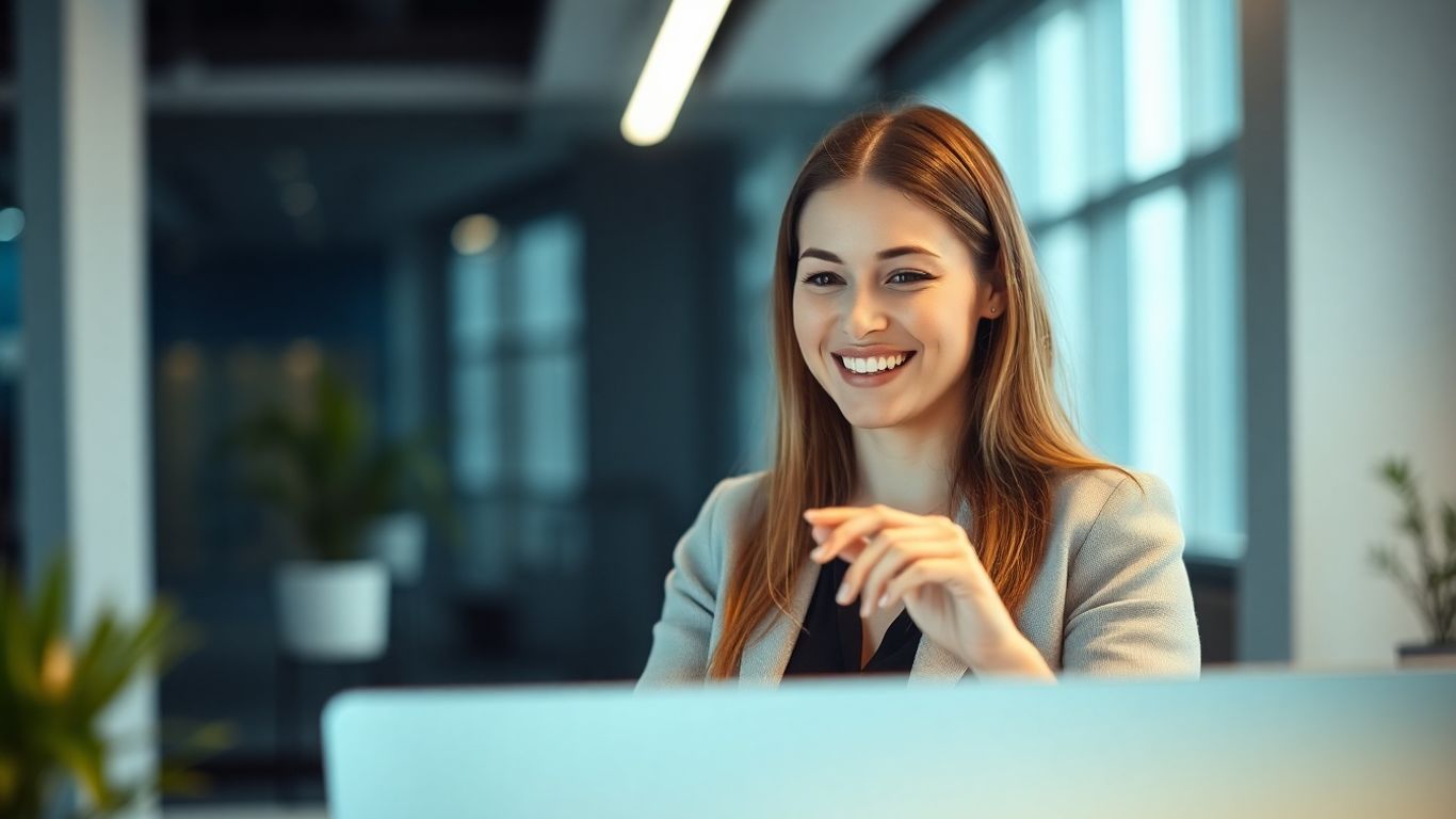 Woman using AI virtual receptionist interface