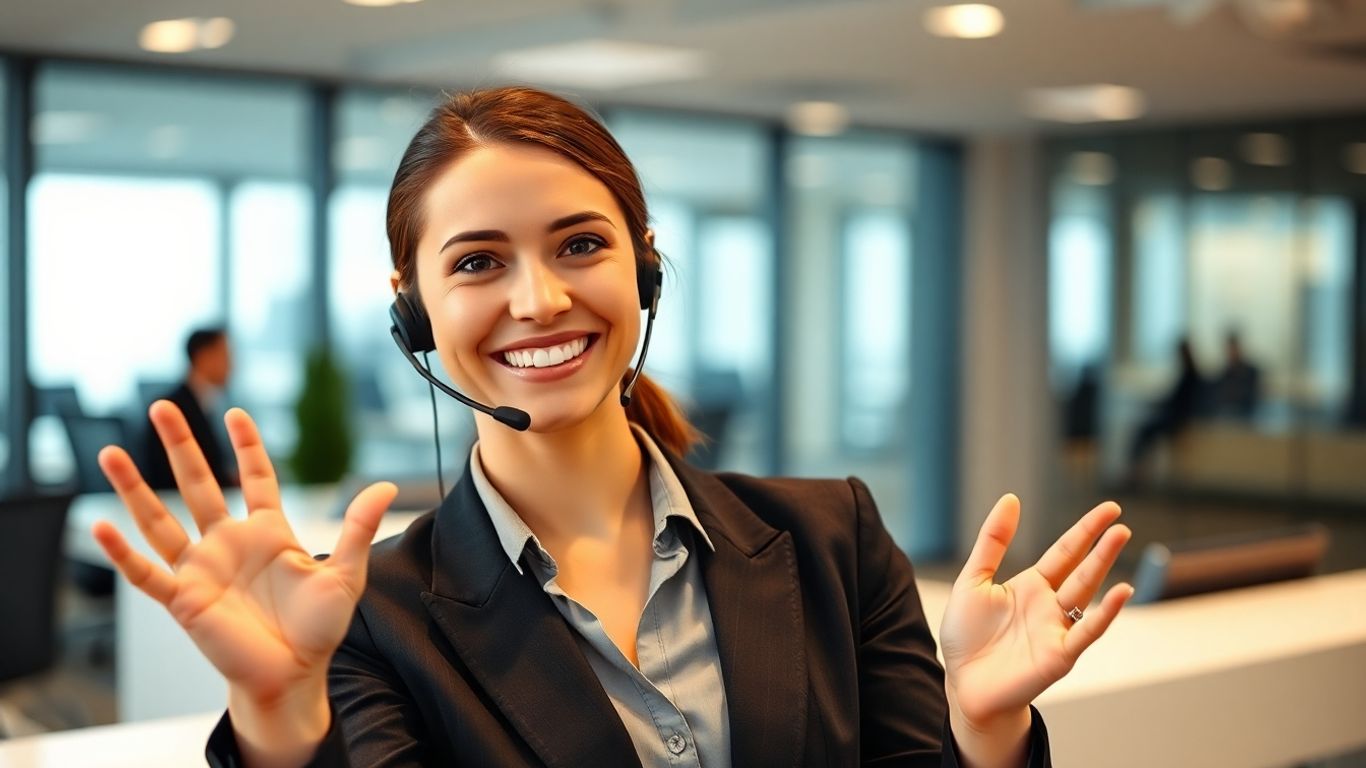 Professional receptionist with headset in modern office