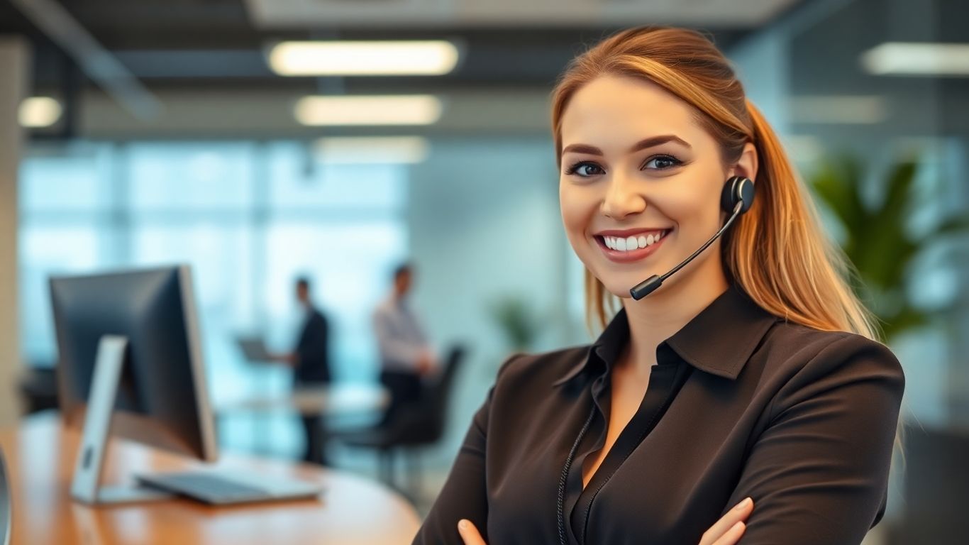 Professional receptionist using headset for live call transfer.
