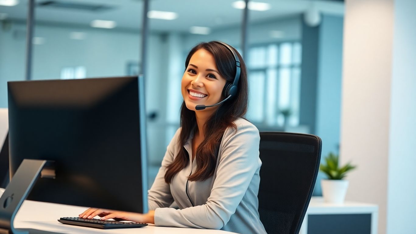 Professional woman with headset handling business calls.