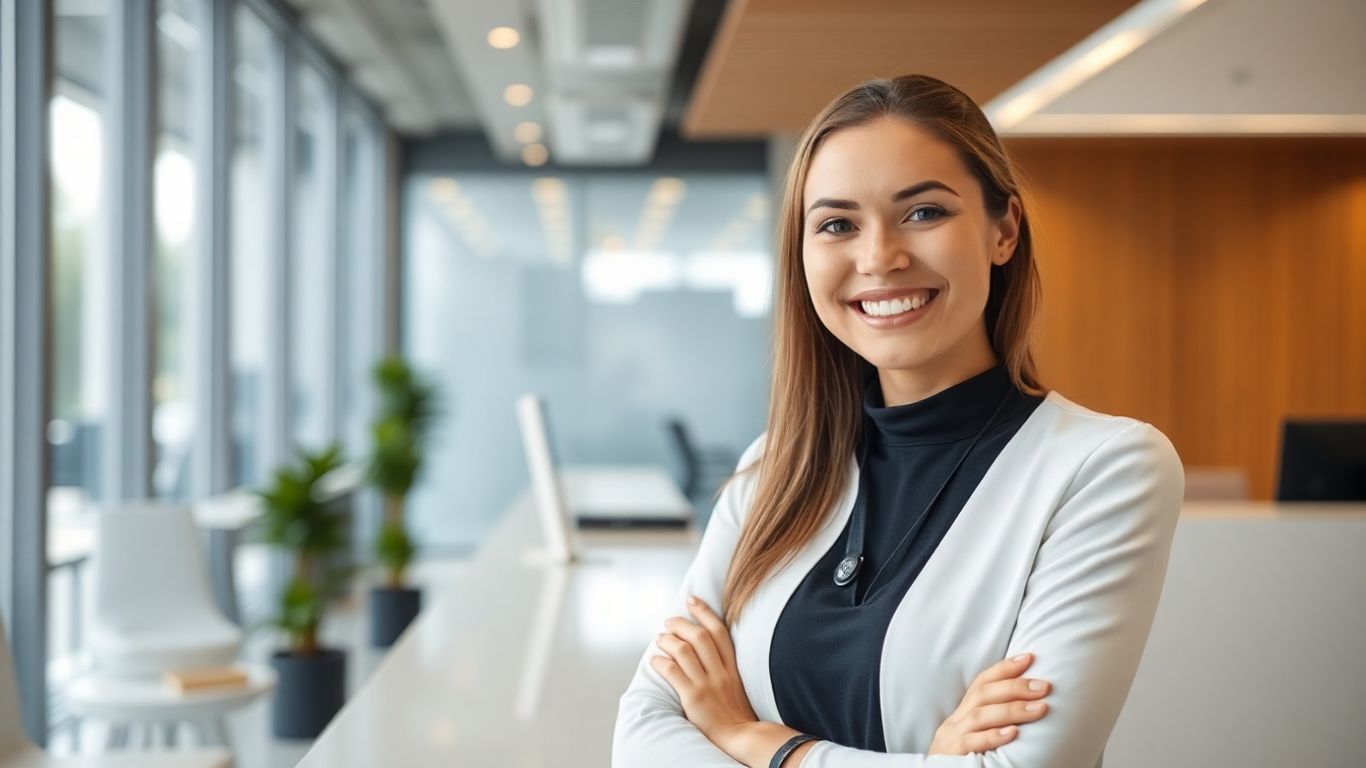 Smiling receptionist in a modern office handling calls.