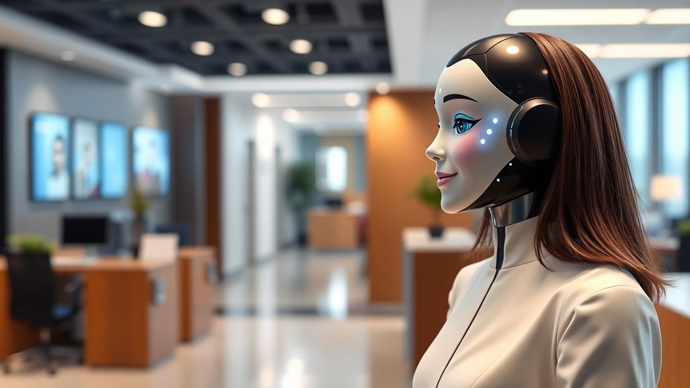 AI receptionist avatar greeting visitor in modern office