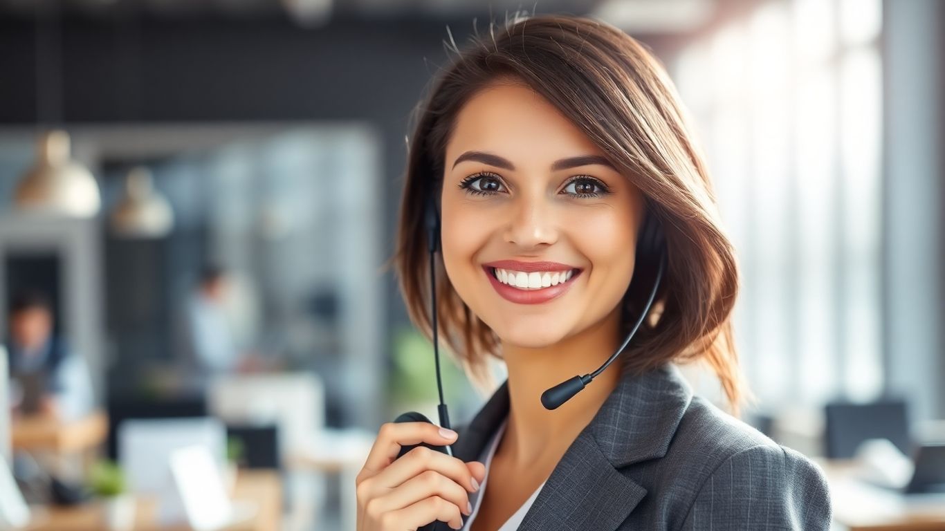 Professional woman with headset, modern office background.