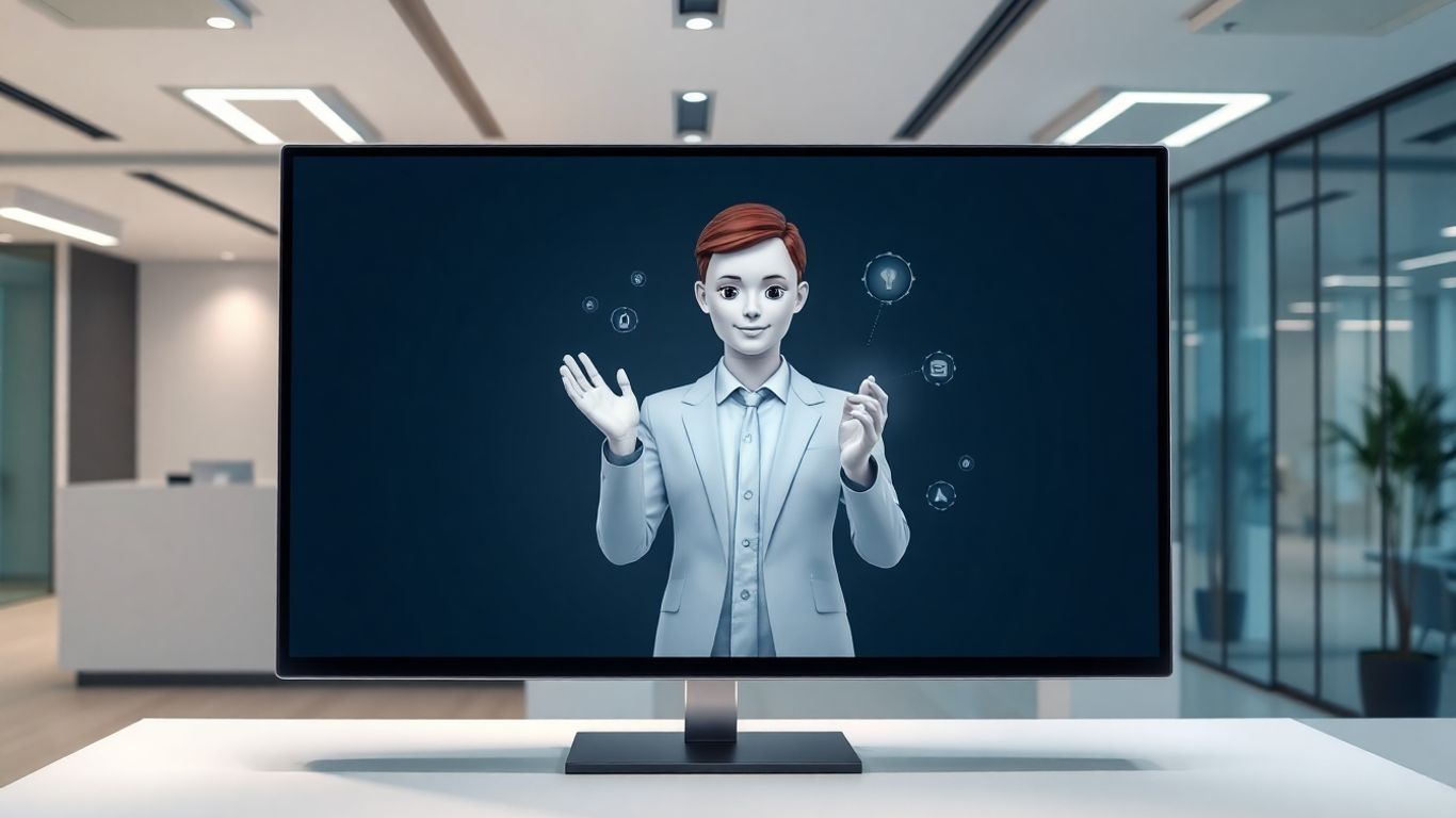 AI virtual receptionist avatar on a screen in an office.