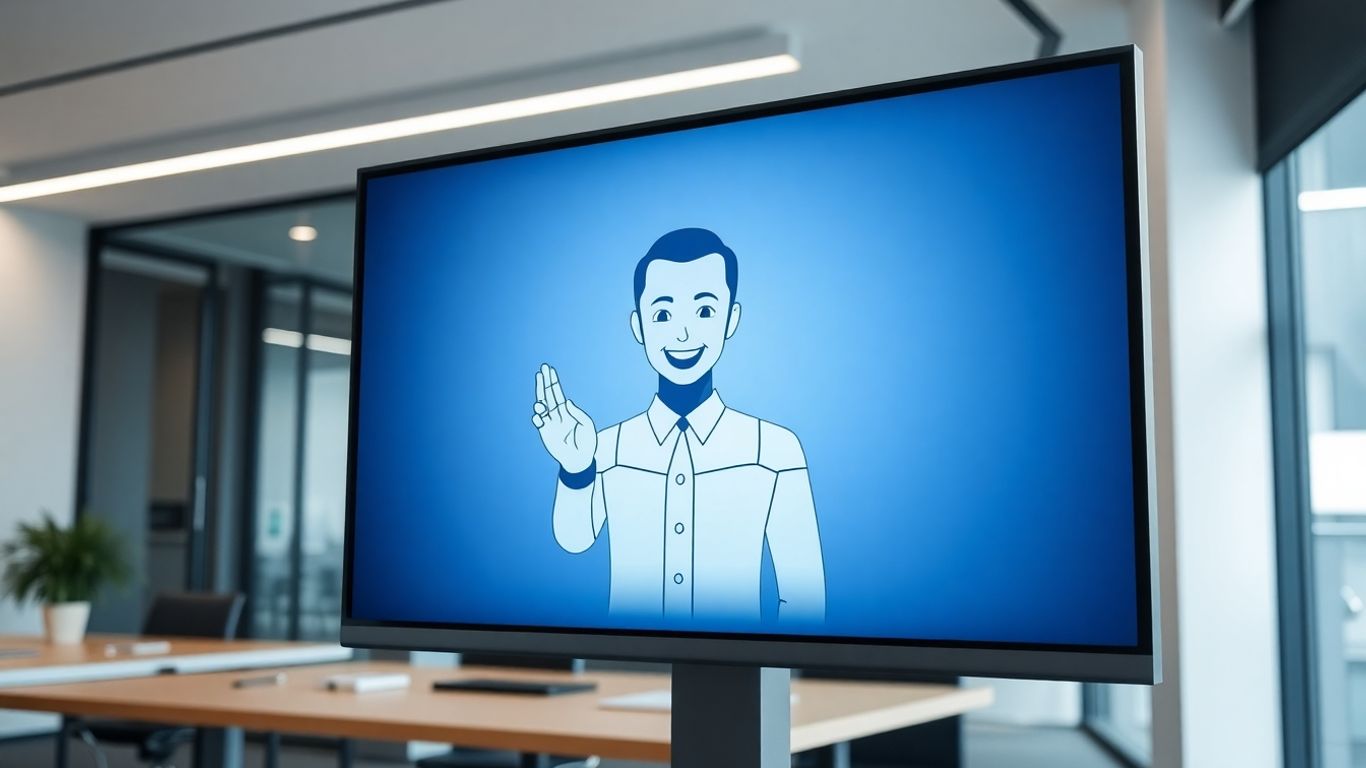 AI receptionist avatar welcomingly gesturing in a modern office.