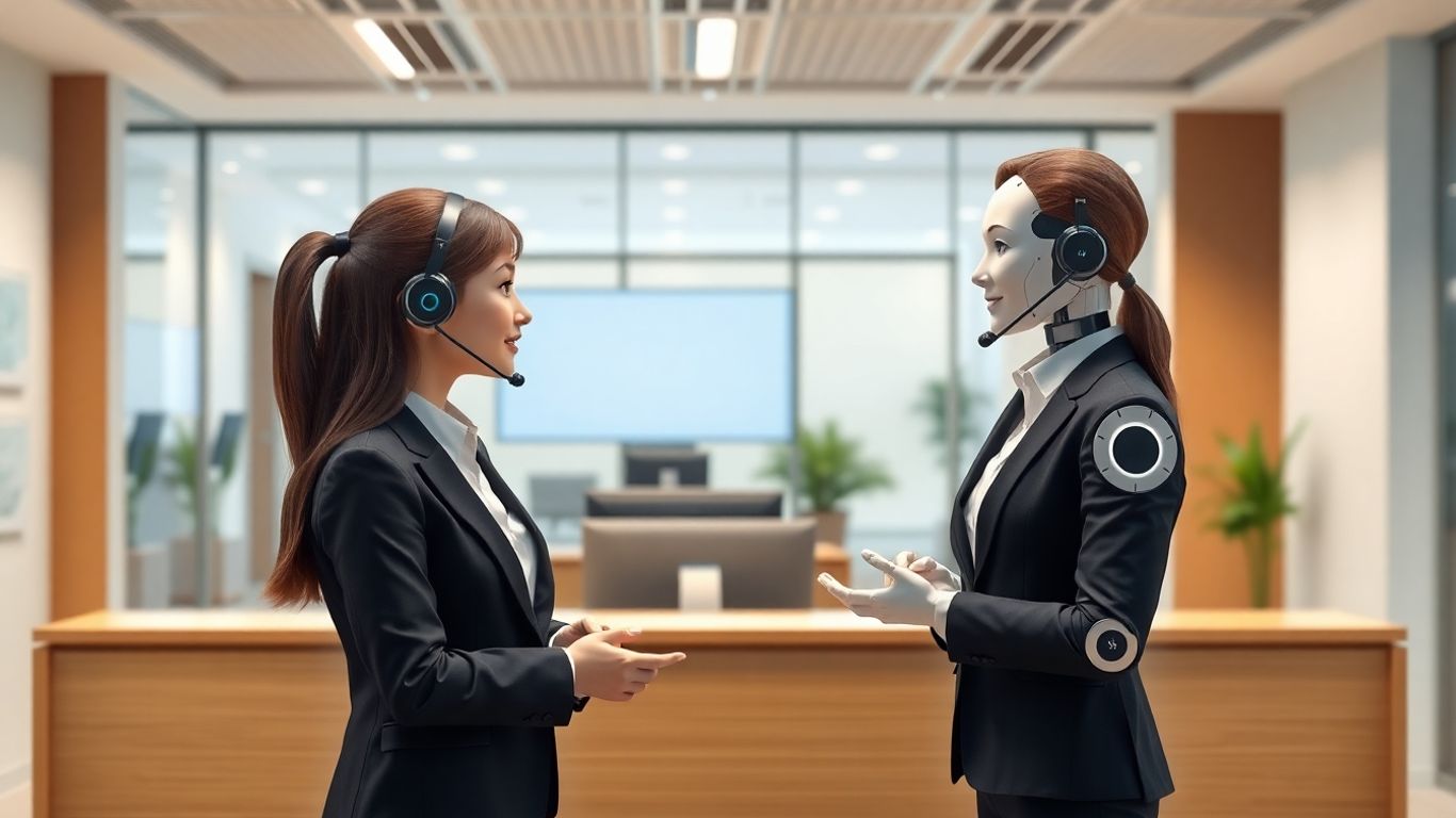 AI virtual receptionist assisting a caller in a modern office.