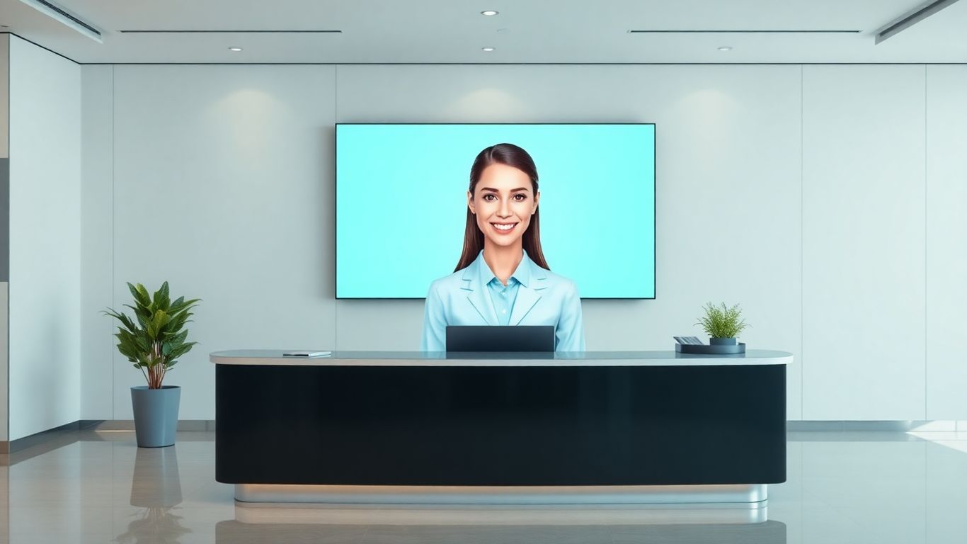 AI virtual receptionist avatar on office screen