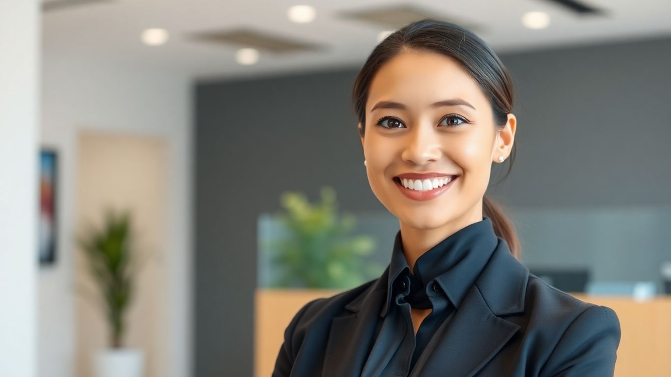 Friendly virtual receptionist smiling in a blurred office background.