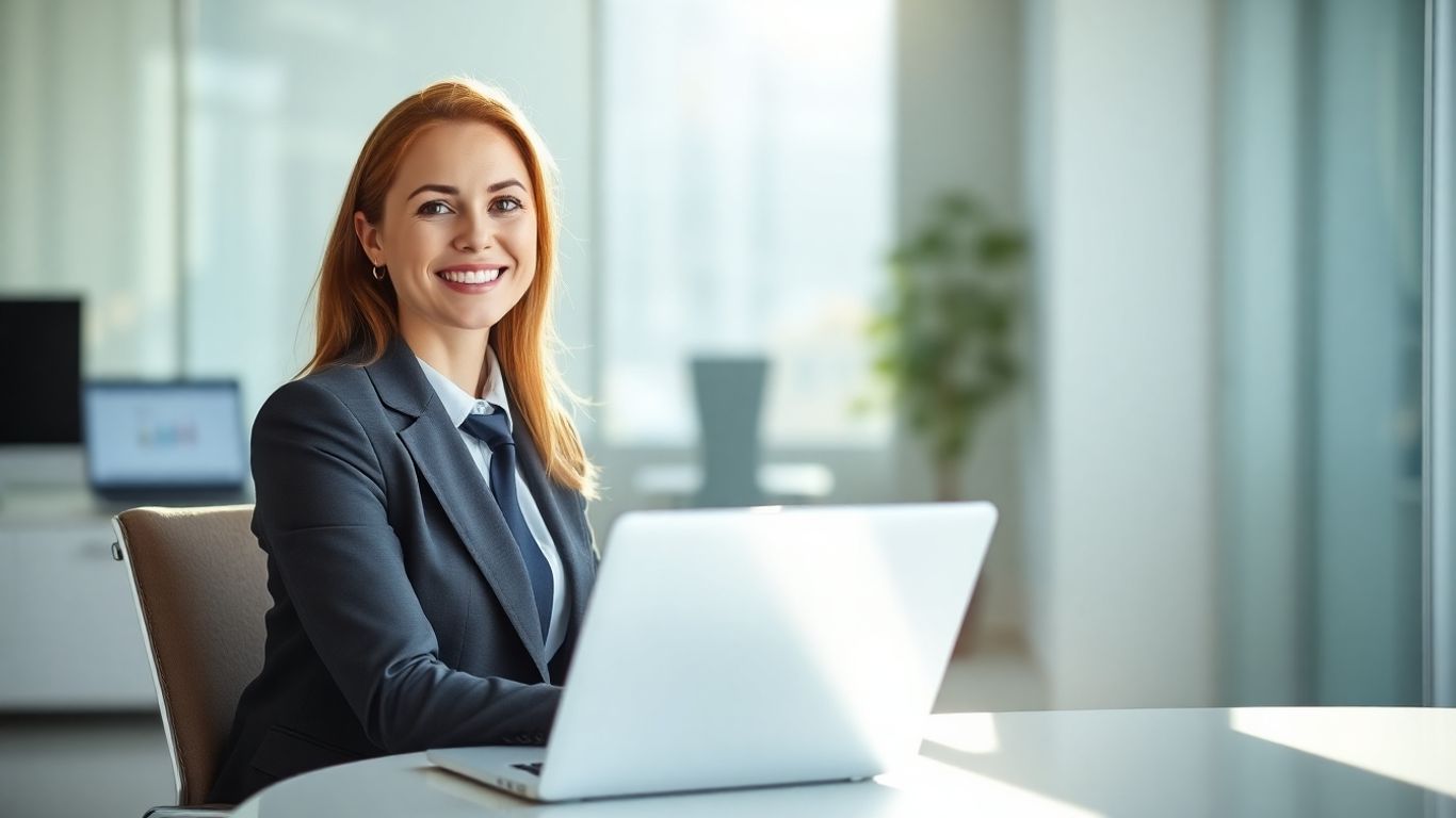 Professional woman working at a desk with a laptop.