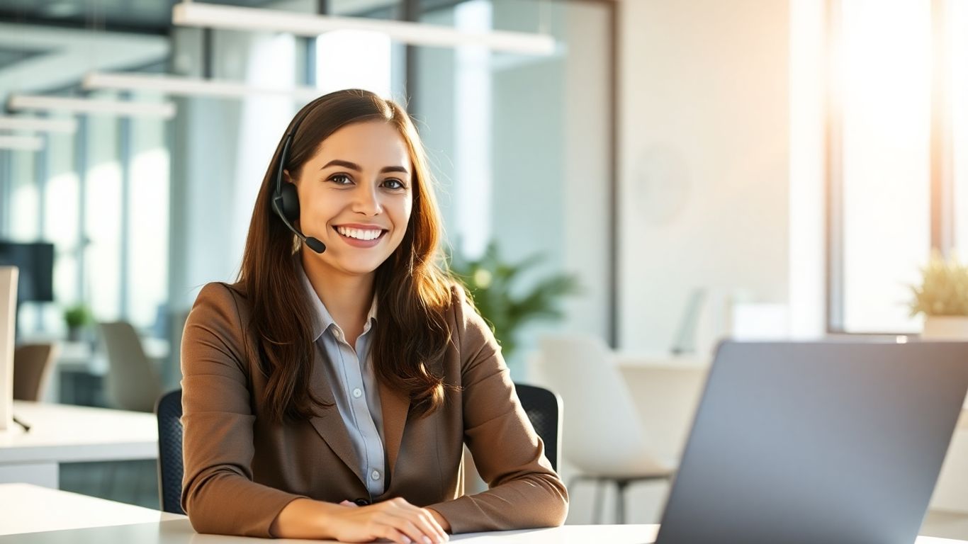 Virtual receptionist wearing a headset, smiling at desk.
