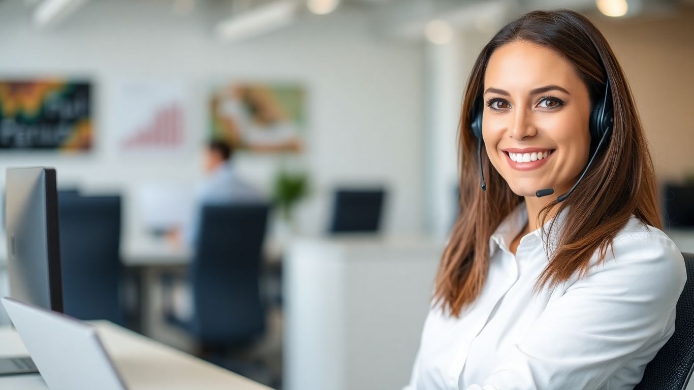 Smiling woman wearing a headset, ready to assist.