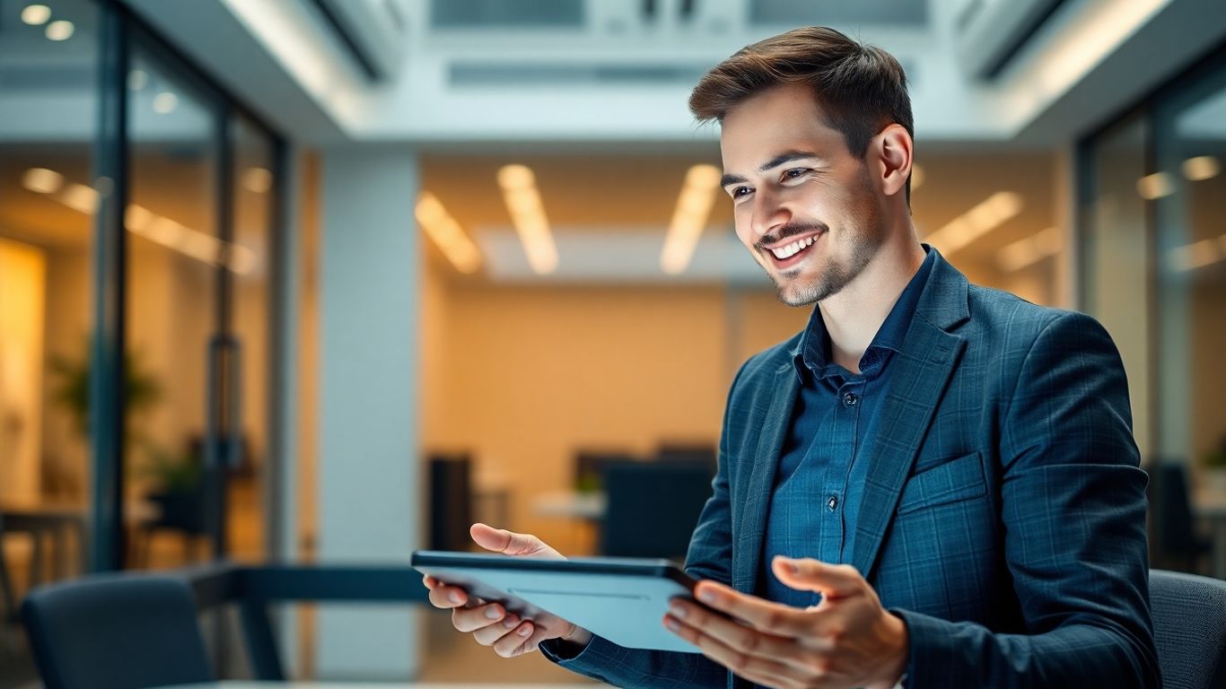 Professional using advanced AI phone answering technology.